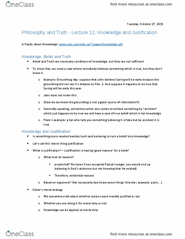 PHLA10H3 Lecture Notes - Lecture 12: Modern Philosophy, Analytic Geometry, Foundationalism thumbnail