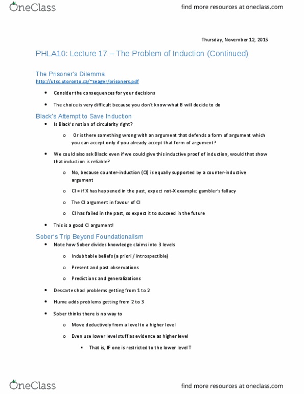 PHLA10H3 Lecture Notes - Lecture 17: Phantom Limb, Foundationalism thumbnail