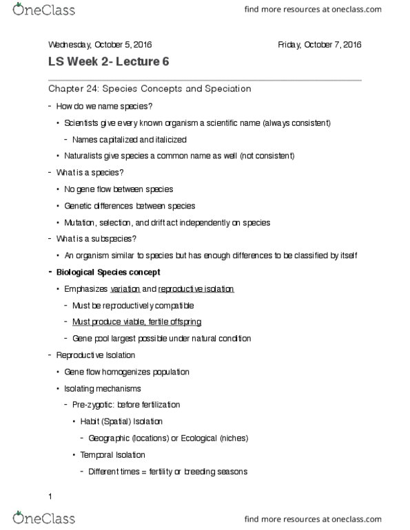 LIFESCI 1 Lecture Notes - Lecture 7: Polyploid, Sympatric Speciation, Chromosome thumbnail