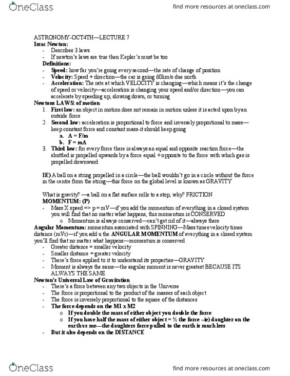 AST101H1 Lecture Notes - Lecture 7: Isaac Newton, Massachusetts Route 3 thumbnail