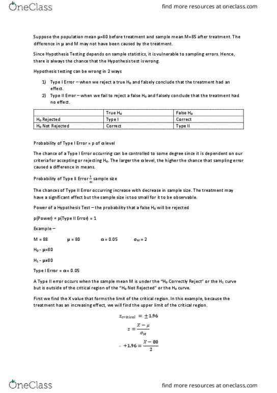 PSY30100 Lecture Notes - Lecture 9: Null Hypothesis, Type I And Type Ii Errors, Statistical Hypothesis Testing thumbnail