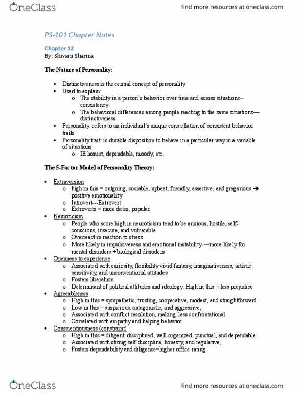 PS101 Chapter Notes - Chapter 12: Reality Principle, Trait Theory, Extraversion And Introversion thumbnail