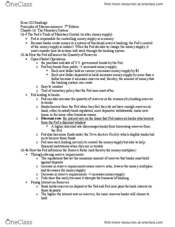 ECON 103 Chapter Notes - Chapter 16-4: Federal Funds Rate, Term Auction Facility, Reserve Requirement thumbnail