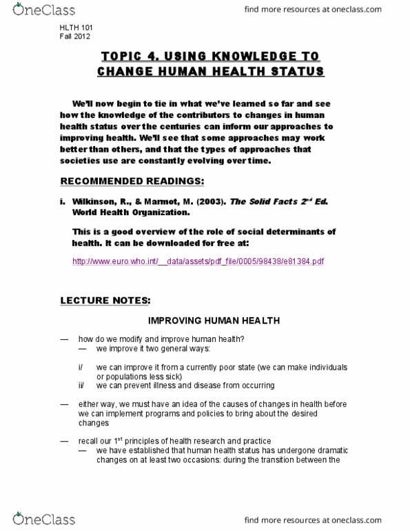 HLTH101 Lecture Notes - Lecture 4: Global Exchange, Ottawa Charter For Health Promotion, World Health Organization thumbnail