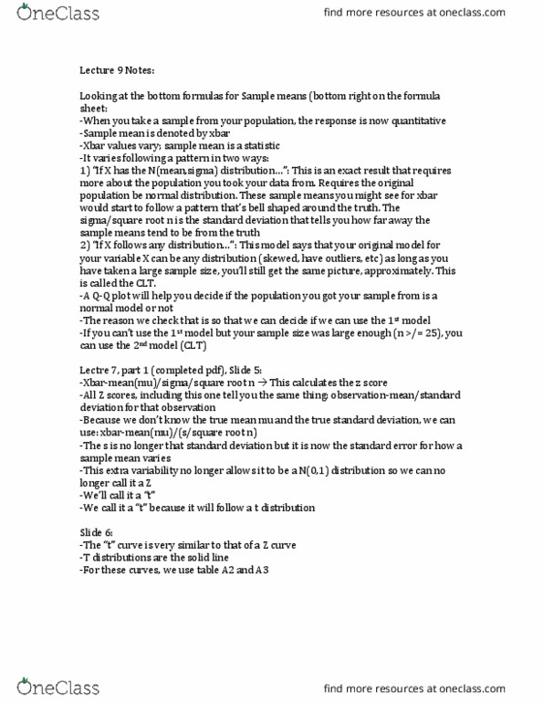 STATS 250 Lecture Notes - Lecture 9: Test Statistic, Confidence Interval, Standard Deviation thumbnail