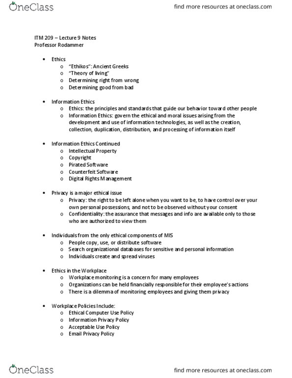 ITM 309 Lecture Notes - Lecture 9: Acceptable Use Policy, Digital Rights Management thumbnail