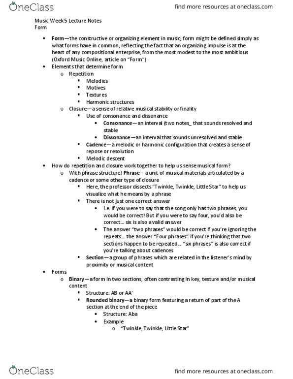 VPMA93H3 Lecture Notes - Lecture 5: The New Grove Dictionary Of Music And Musicians, Ternary Form, Music Week thumbnail