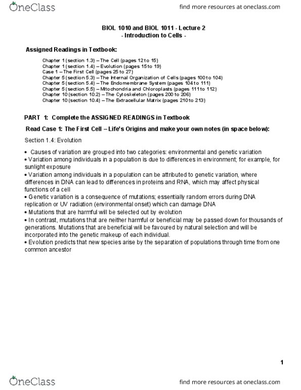 BIOL 1010U Lecture Notes - Lecture 1: Genetic Variation, Dna Replication, Cytoskeleton thumbnail