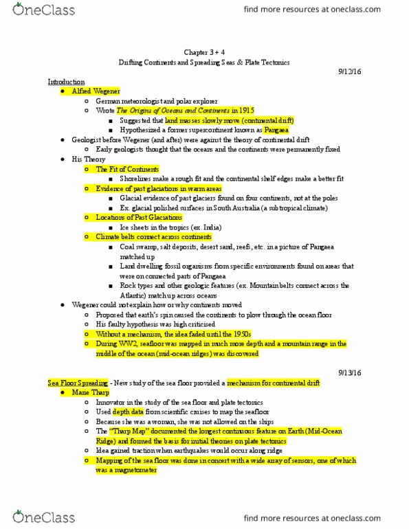 EAR 105 Lecture Notes - Lecture 10: Marie Tharp, Continental Drift, Seafloor Spreading thumbnail