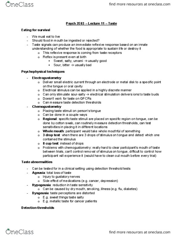 PSYCH 2E03 Lecture Notes - Lecture 11: Cotton Swab, Dysgeusia, Xerostomia thumbnail