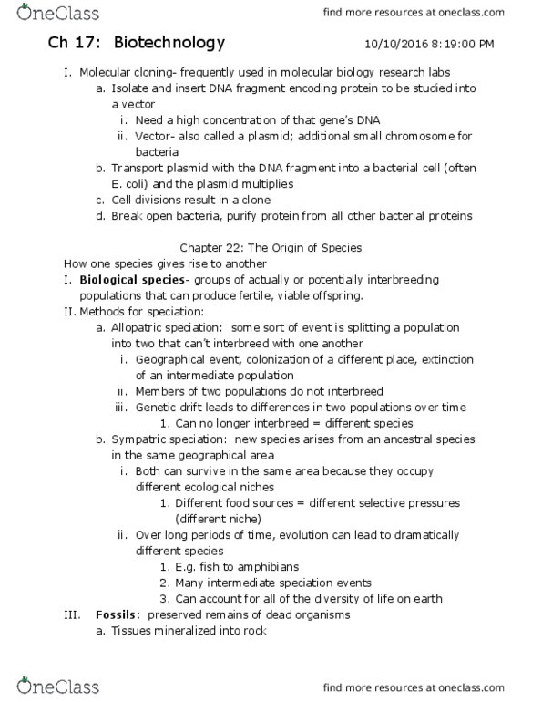 BISC 130 Lecture Notes - Lecture 11: Sympatric Speciation, Allopatric Speciation, Molecular Cloning thumbnail