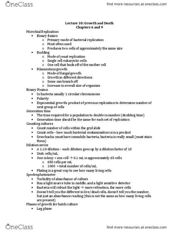 BSCI 223 Lecture Notes - Lecture 10: Exponential Growth, Primary Metabolite, Generation Time thumbnail