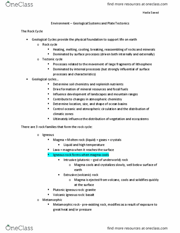 ENV100Y5 Lecture Notes - Lecture 4: Igneous Rock, Plate Tectonics, Metamorphic Rock thumbnail