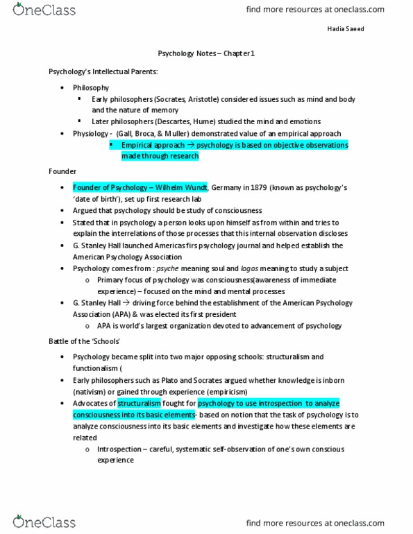 PSY100Y5 Chapter Notes - Chapter 1: American Psychological Association, Wilhelm Wundt, Applied Psychology thumbnail