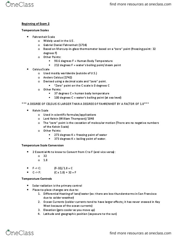 GRG 301K Lecture Notes - Lecture 1: Daniel Gabriel Fahrenheit, Anders Celsius, Fahrenheit thumbnail