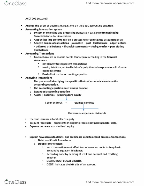 ACCT 201 Lecture Notes - Lecture 3: Accounting Equation, Trial Balance, Financial Statement thumbnail