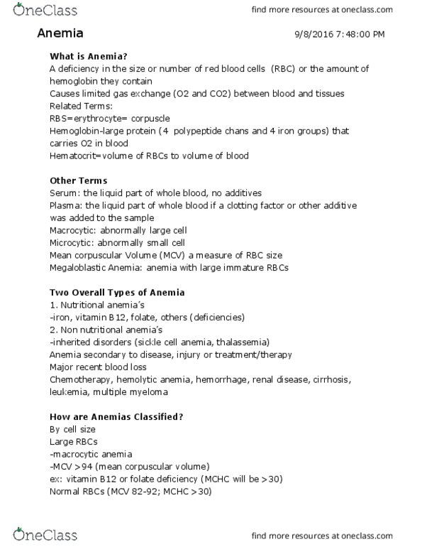 NSD 481 Lecture Notes - Lecture 4: Vitamin B12 Deficiency, Megaloblastic Anemia, Macrocytic Anemia thumbnail