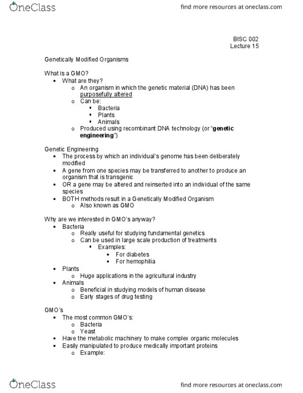 BI SC 002 Lecture Notes - Lecture 15: Genetically Modified Organism thumbnail