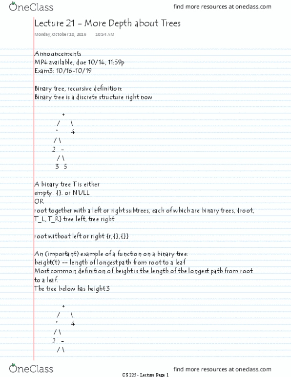 CS 225 Lecture Notes - Lecture 21: Binary Tree, Longest Path Problem, Null Pointer thumbnail