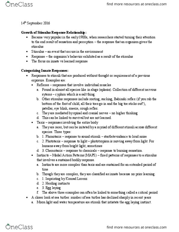 PSYCH 1 Lecture Notes - Lecture 6: Plantar Reflex, Cough Reflex, Aplasia thumbnail