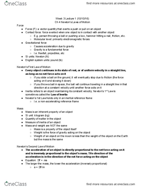 PHYSICS 6A Lecture Notes - Lecture 10: Inertial Frame Of Reference, Net Force, Contact Force thumbnail