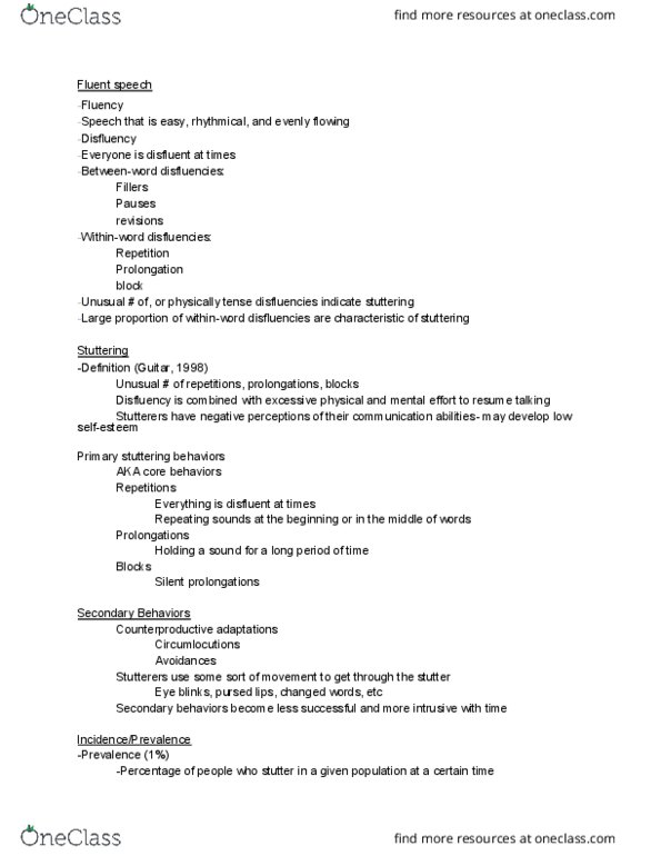 CSD 212 Lecture Notes - Lecture 6: Speech Disfluency, Prolongation, Peter Van Riper thumbnail