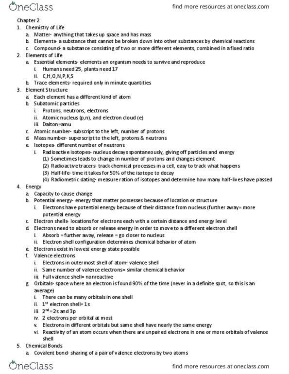 BIL 150 Chapter Notes - Chapter 2: Valence Electron, Atomic Orbital, Radiometric Dating thumbnail