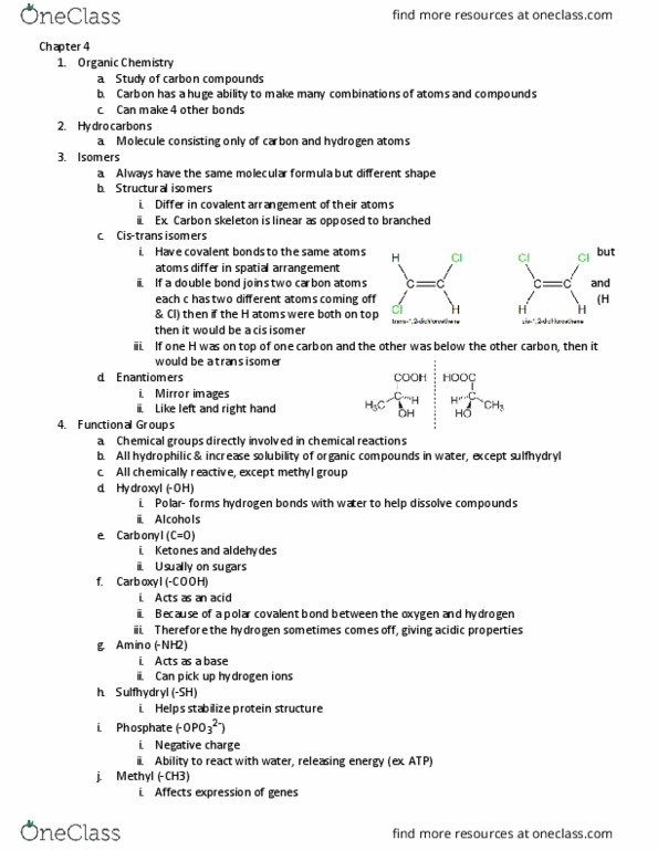 BIL 150 Chapter Notes - Chapter 4: Chemical Formula, Enantiomer, Covalent Bond thumbnail