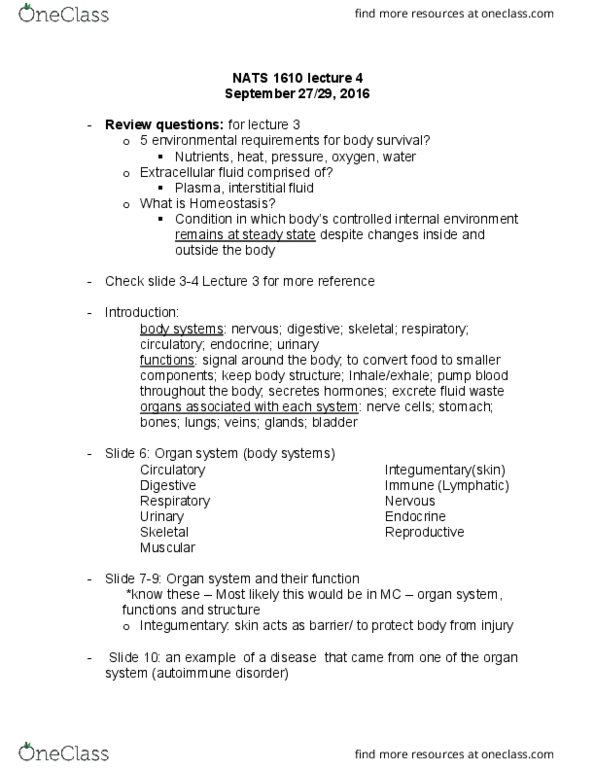 NATS 1610 Lecture Notes - Lecture 4: Autoimmune Disease, Extracellular Fluid, Homeostasis thumbnail