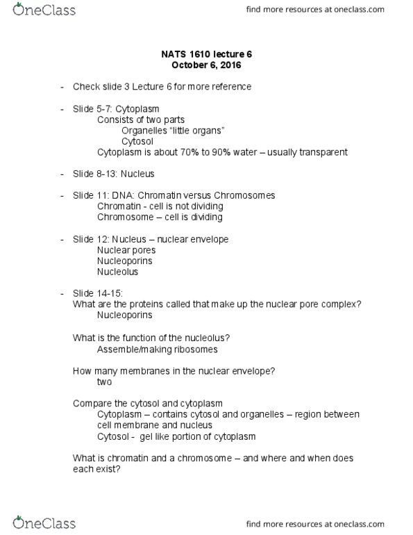 NATS 1610 Lecture Notes - Lecture 6: Nuclear Pore, Nuclear Membrane, Nucleolus thumbnail