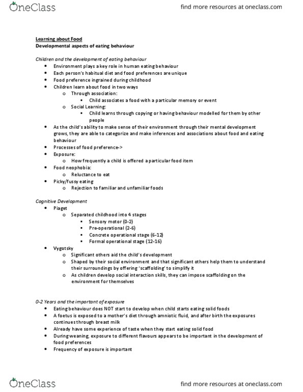 Psychology 2054A/B Chapter Notes - Chapter 4: Neophobia, Weaning, Lev Vygotsky thumbnail