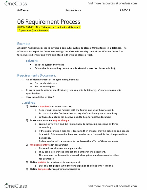 CIS 1250 Lecture Notes - Lecture 6: Software Requirements Specification, Luiza, Requirements Management thumbnail