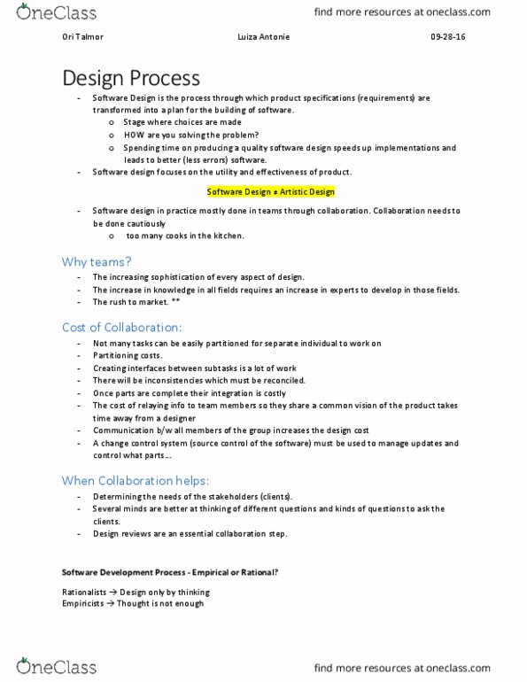 CIS 1250 Lecture Notes - Lecture 7: Software Design, Luiza, Software Development Process thumbnail