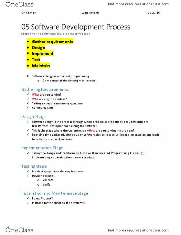 CIS 1250 Lecture Notes - Lecture 5: Software Development Process, Luiza, Software Design thumbnail