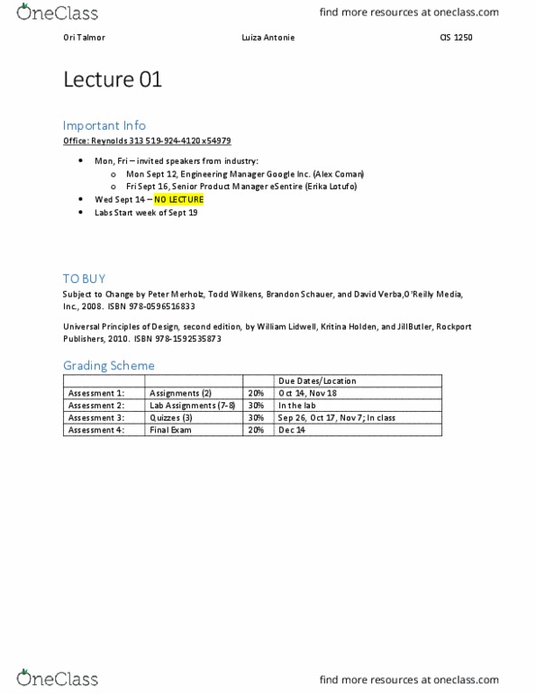 CIS 1250 Lecture Notes - Lecture 1: The Quarto Group, Luiza, International Standard Book Number thumbnail