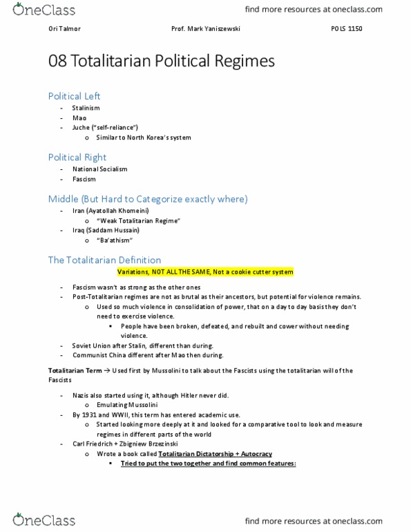 POLS 1150 Lecture Notes - Lecture 8: Zbigniew Brzezinski, Ruhollah Khomeini, Totalitarianism thumbnail