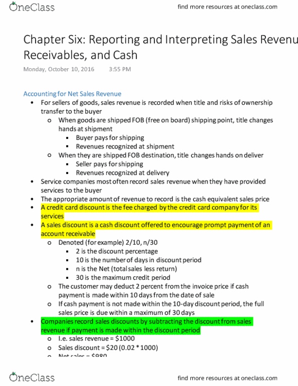 Accounting ACCT 2610 Chapter Notes - Chapter 6: Cash Cash, Accounts Receivable, Income Statement thumbnail