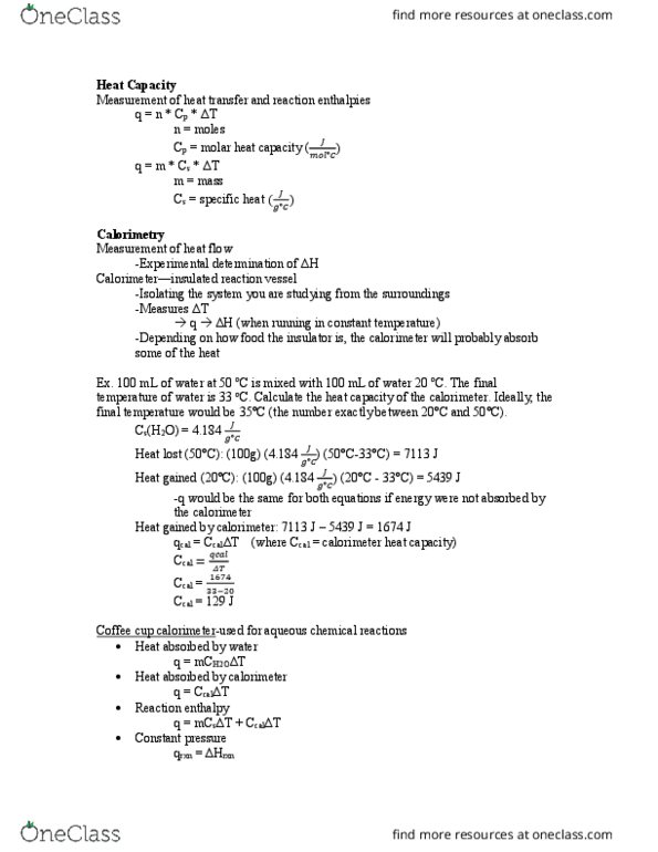 CHM 103 Lecture Notes - Lecture 14: Calorimetry, Sodium Hydroxide, Joule thumbnail