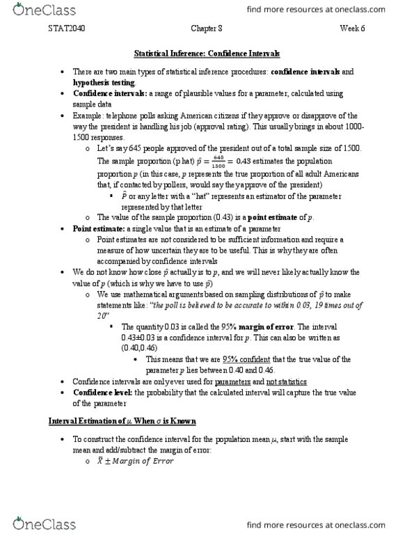 STAT 2040 Chapter Notes - Chapter 8: Confidence Interval, Normal Distribution, Simple Random Sample thumbnail