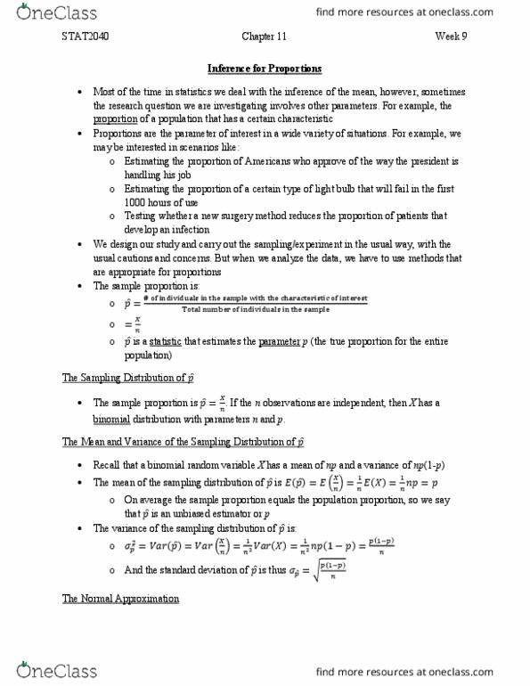 STAT 2040 Chapter Notes - Chapter 11: Central Limit Theorem, Simple Random Sample, Confidence Interval thumbnail