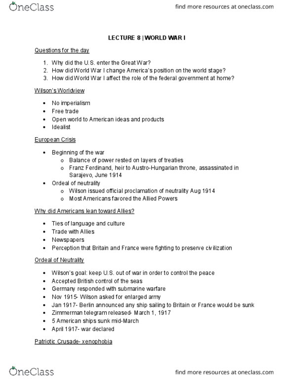 HIST 2112 Lecture Notes - Lecture 8: War Industries Board, Zimmermann Telegram, George Creel thumbnail