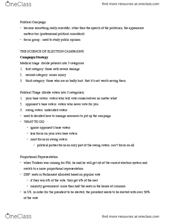 Political Science 2211E Lecture Notes - Lecture 1: Marginal Seat, Triage, Proportional Representation thumbnail