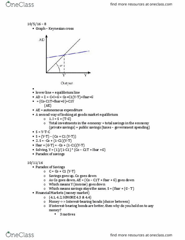 ECON 204 Lecture Notes - Lecture 8: Keynesian Cross, Liquidity Preference thumbnail