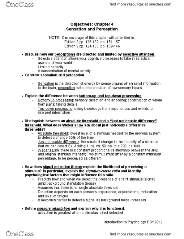 PSY2012 Lecture Notes - Lecture 1: Detection Theory, Absolute Threshold, Crossmodal thumbnail