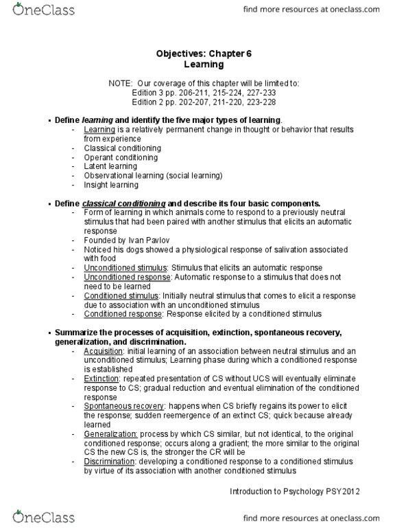 PSY2012 Lecture Notes - Lecture 2: Latent Learning, Classical Conditioning, Observational Learning thumbnail