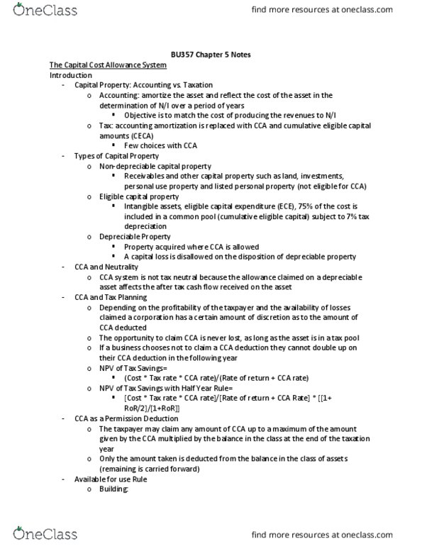 BU357 Chapter Notes - Chapter 5: Capital Cost Allowance, Tax, Capital Cost thumbnail