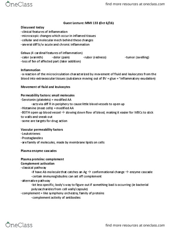 MMI133 Lecture Notes - Lecture 11: Anaphylatoxin, Mast Cell, Vascular Permeability thumbnail