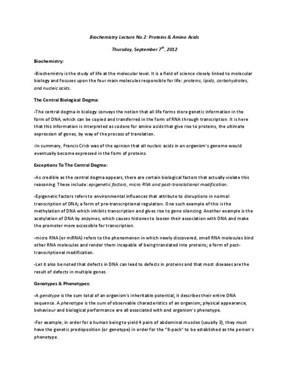 Biochemistry 3380G Lecture Notes - Central Dogma Of Molecular Biology, Threonine, Microrna thumbnail