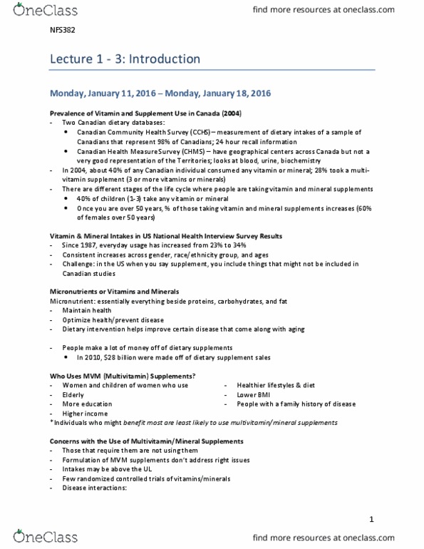 NFS382H1 Lecture Notes - Lecture 1: National Health Interview Survey, Dietary Supplement, Multivitamin thumbnail