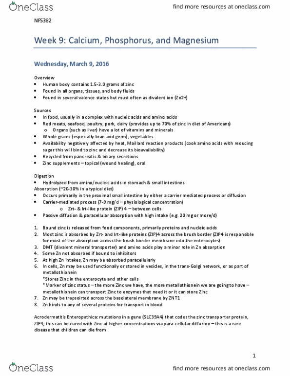 NFS382H1 Lecture Notes - Lecture 5: Zinc Transporter Protein, Acrodermatitis Enteropathica, Alkaline Phosphatase thumbnail